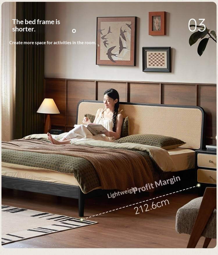 Oak Solid Wood Bed — Black Slab Rattan Vintage Style Bed