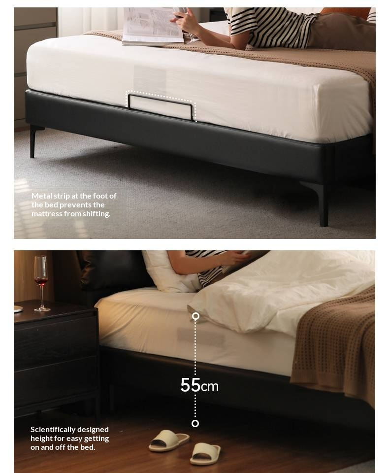 Genuine Leather Upholstered Double Bed in Solid Wood Frame