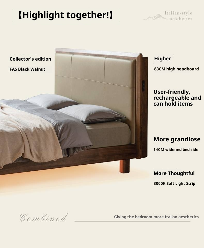Black Walnut, Oak Solid Wood Italian Light Luxury Genuine Leather Soft Headboard Luminous Bed