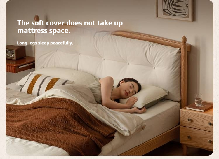 Oak Solid Wood Bed — Modern Minimalist with Genuine Leather and Soft Headboard