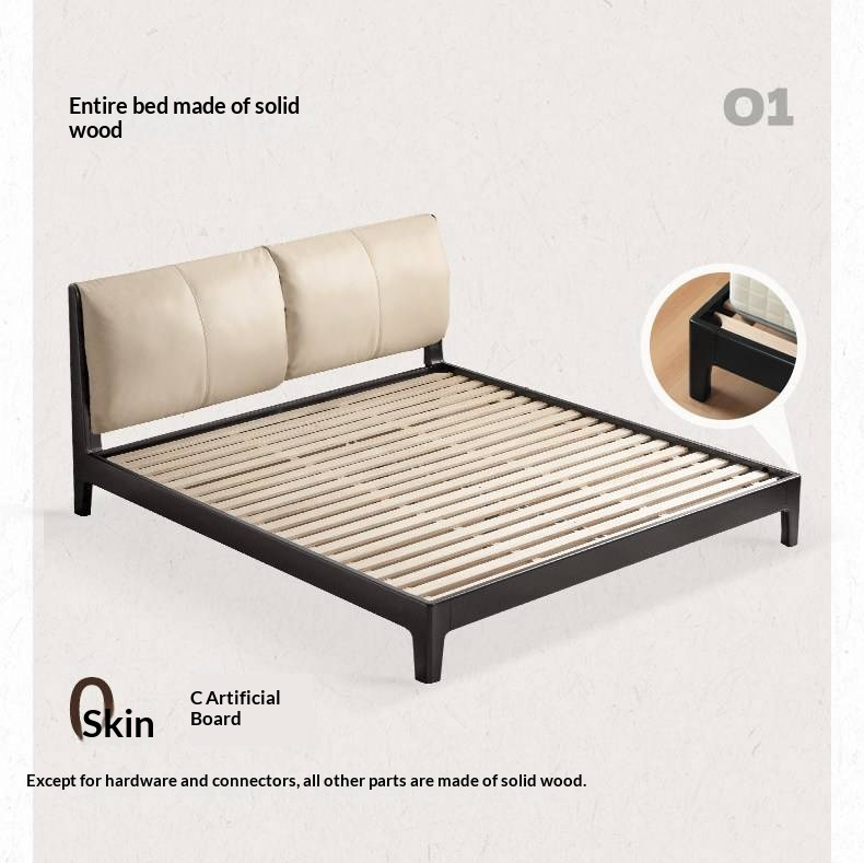 Rubberwood Solid Wood Bed — Modern Minimalist Design with Upholstered Genuine Leather