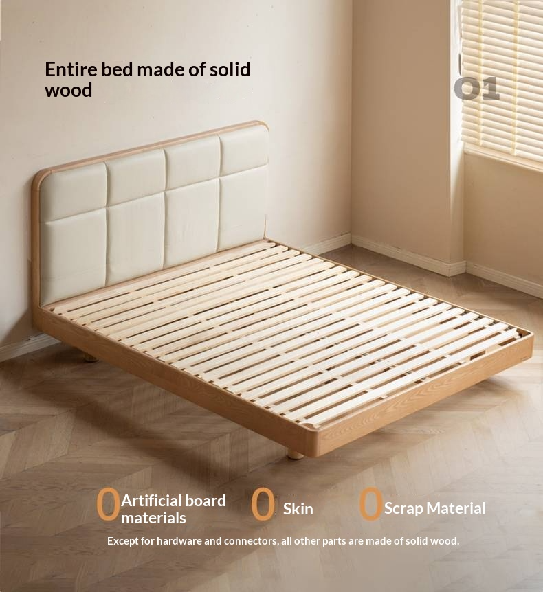 Ash Solid Wood Bed with Top Grain Cowhide Upholstery in Modern Minimalist Style