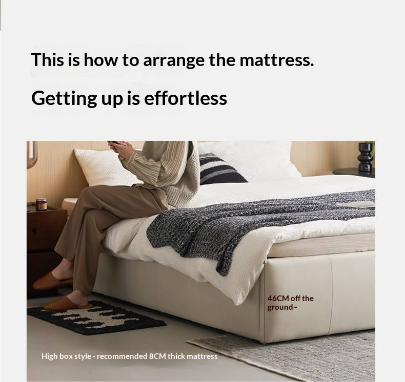 Genuine Leather Luxury Platform Box Bed, Headboard-Free Bed