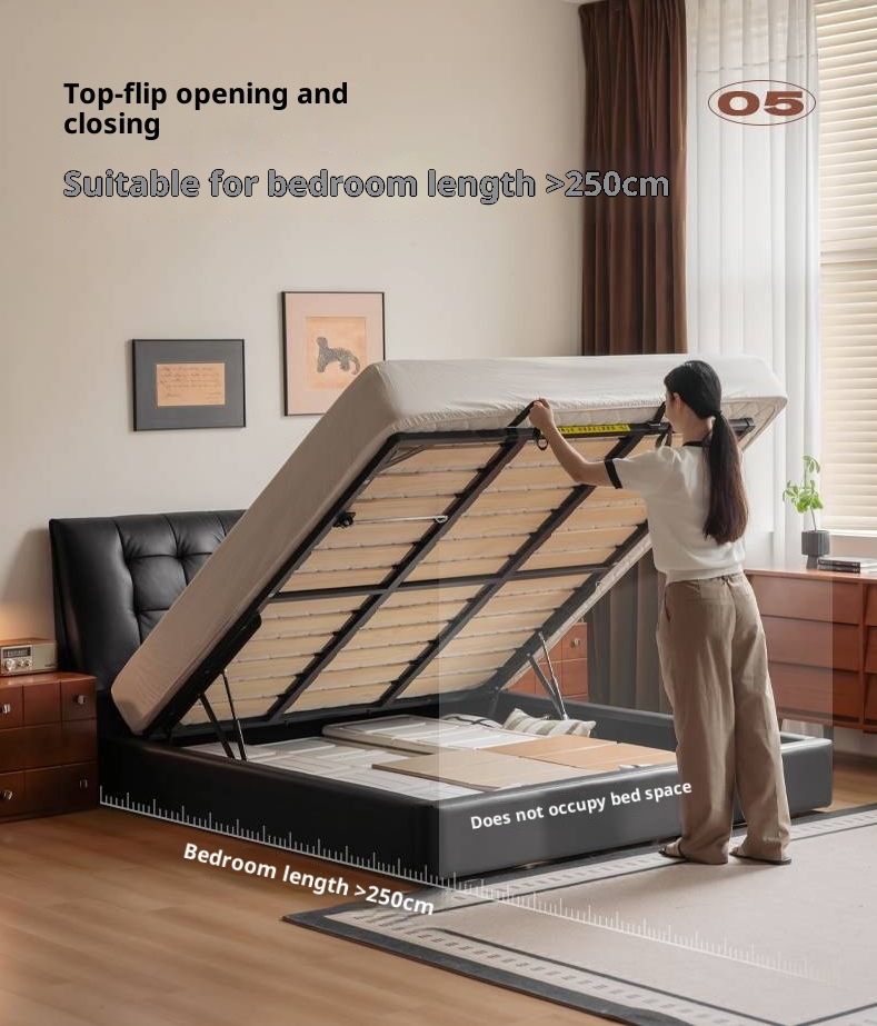 Genuine Leather Black Light Luxury Soft Box Bed