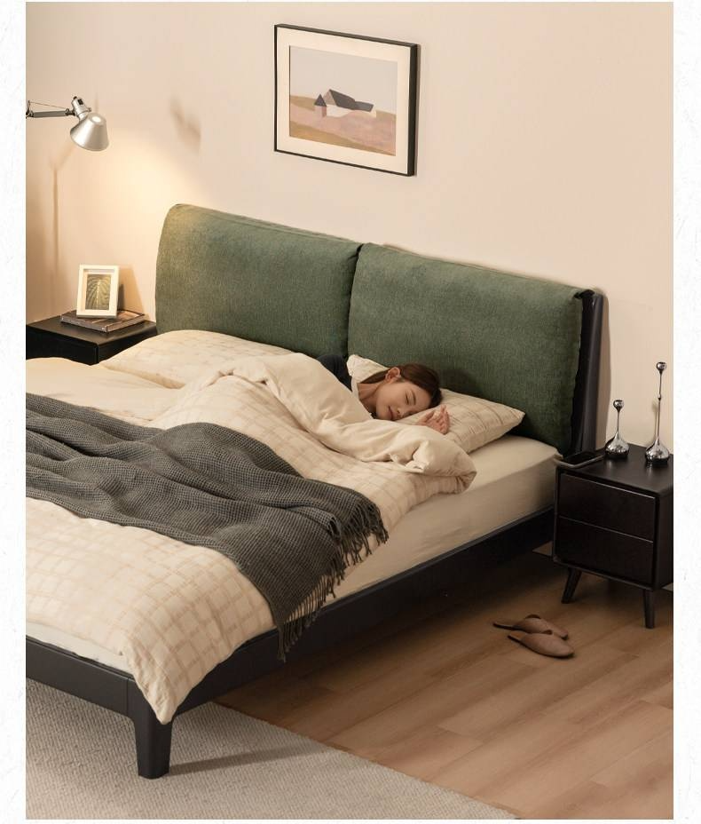 Rubberwood Solid Wood Bed — Modern Minimalist Design with Upholstered Genuine Leather