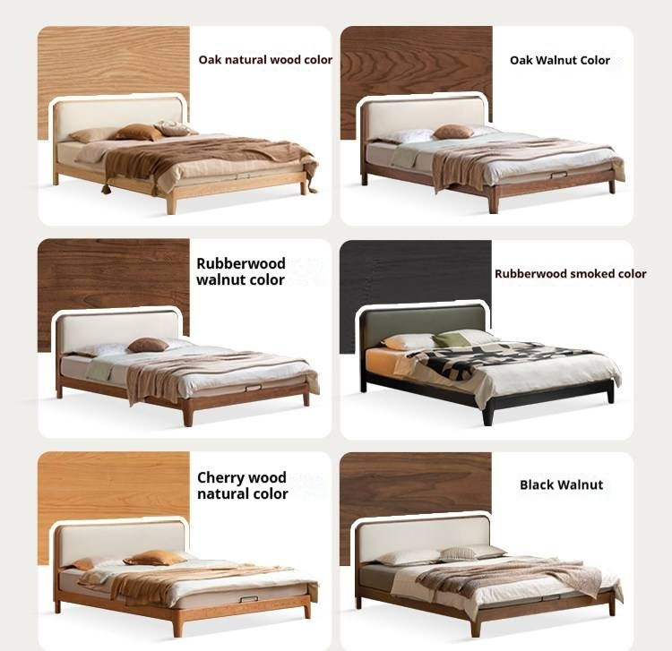 Poplar Solid Wood Bed — Vintage Style with Soft Backrest, Genuine Leather and Edge Finish