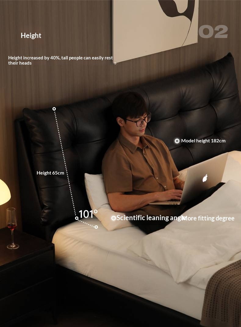 Genuine Leather Upholstered Double Bed in Solid Wood Frame