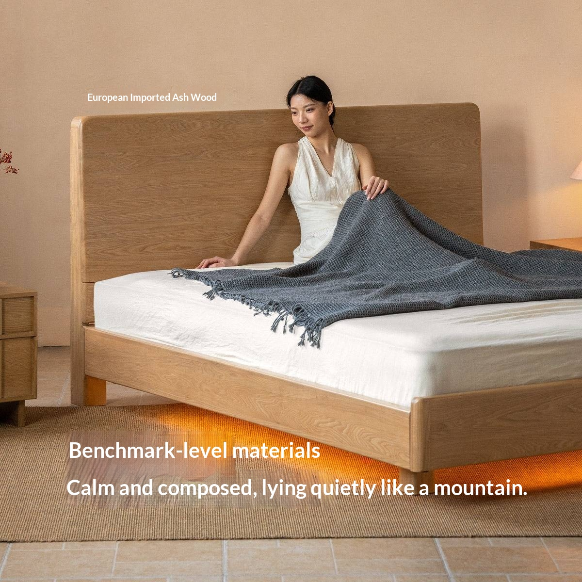 Ash Solid Wood Bed — Modern Minimalist Large Slab Design with Luminous Features