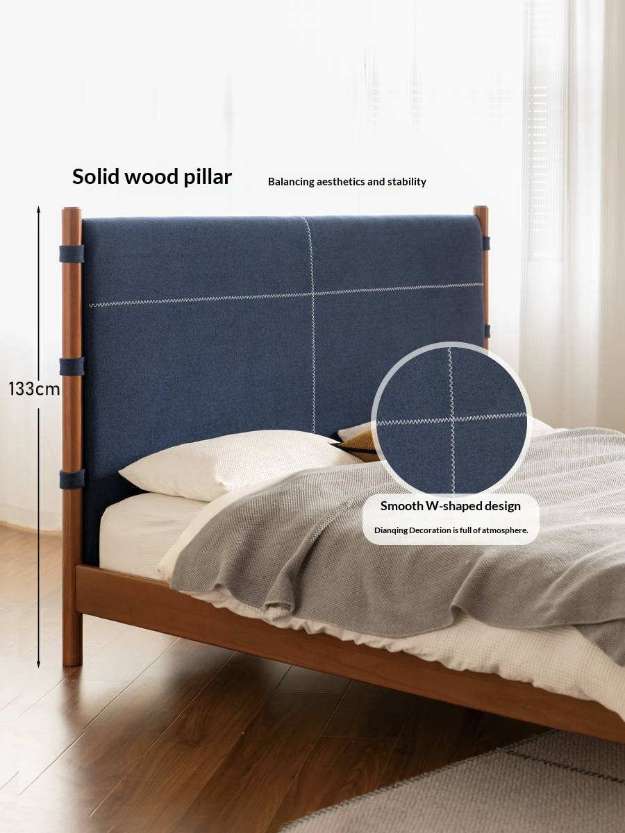 Poplar Solid Wood Bed with Vintage High Backrest and Soft Upholstery