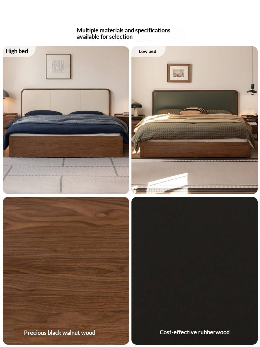 Black Walnut Solid Wood Box Bed — Soft Headboard, Italian Light Luxury Genuine Leather Bed