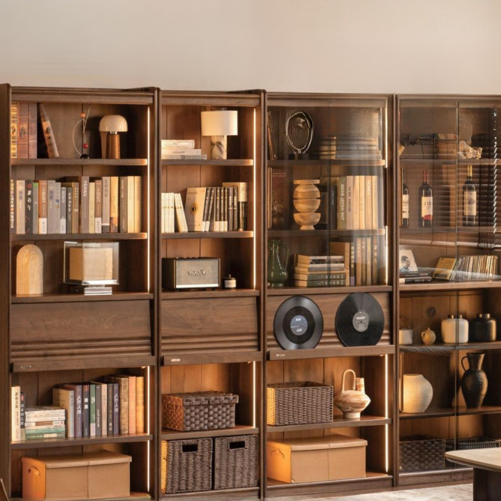 Black Walnut Solid Wood Combination Bookcase with Wall Storage and Floor Display