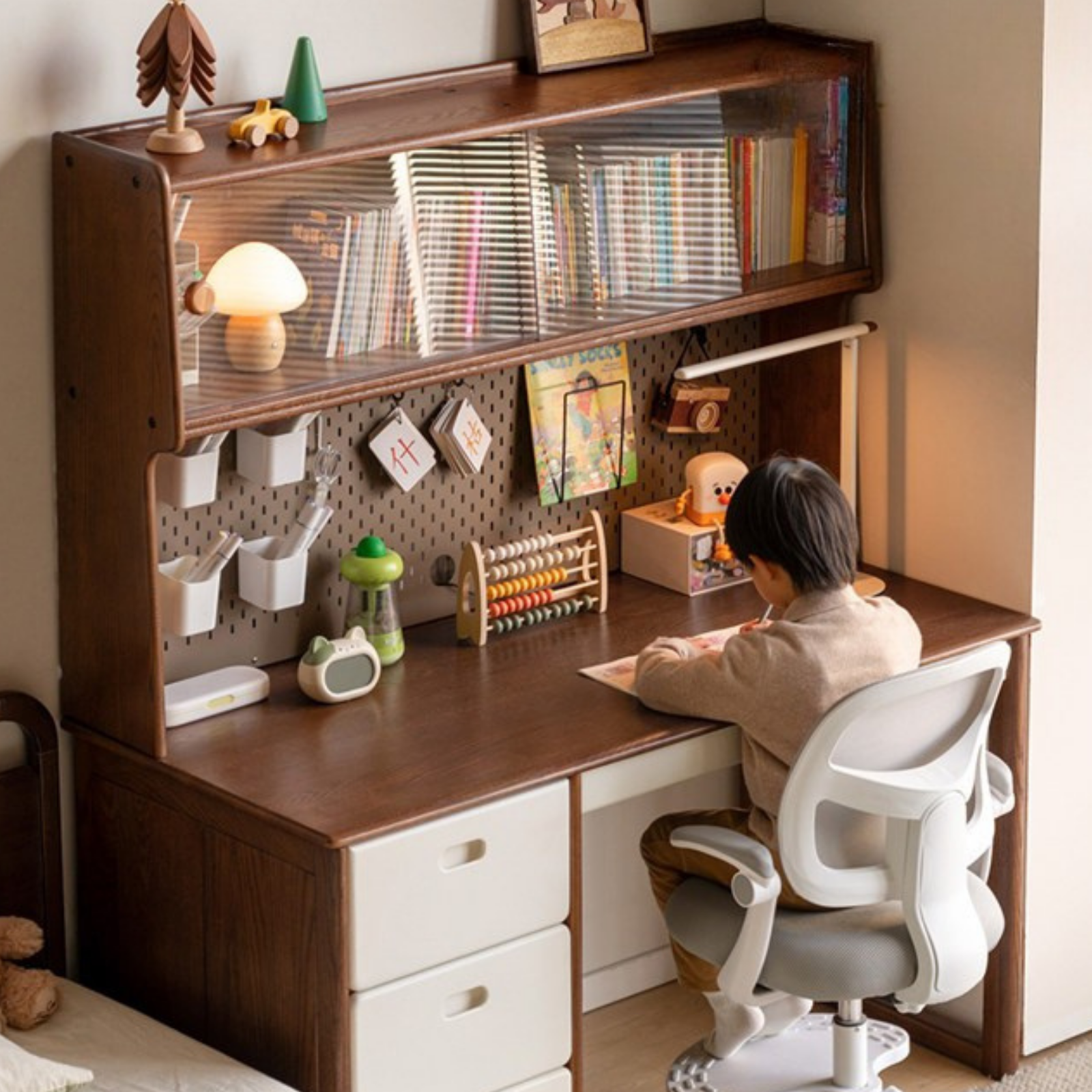 Oak Solid Wood Retro Style Kids Study Desk with Integrated Bookshelf
