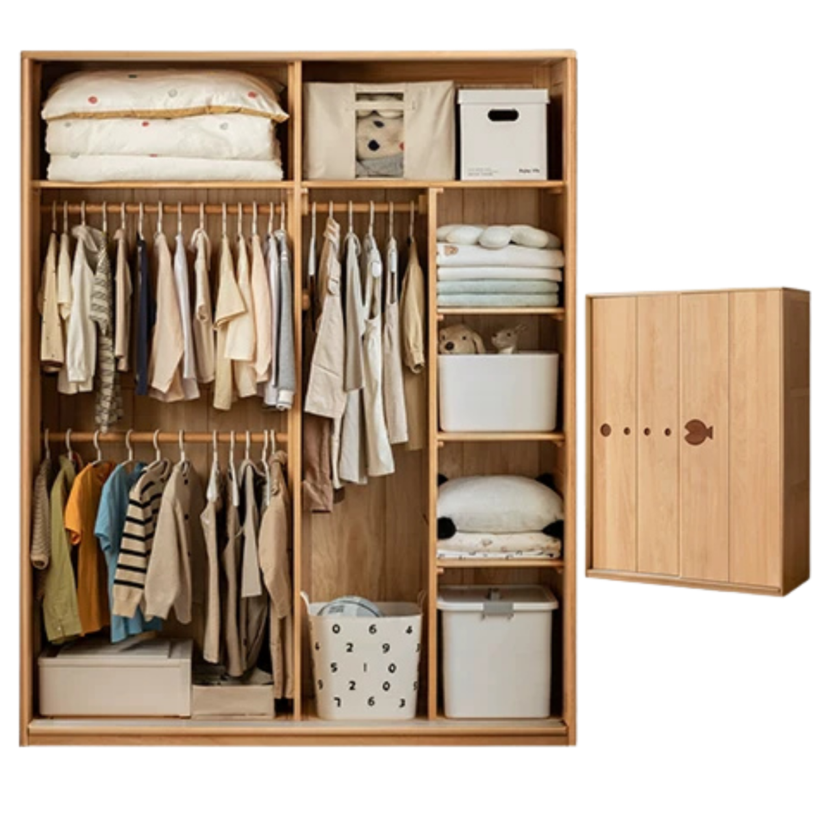 Beech Solid Wood Kids Sliding Door Wardrobe with Adjustable Shelves