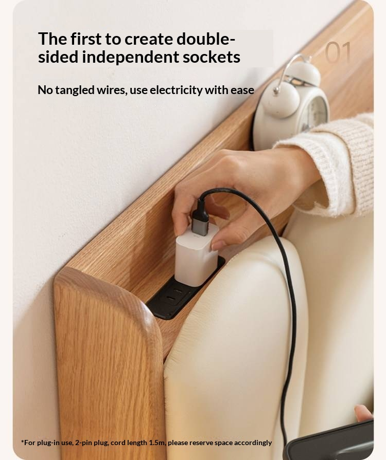 Oak Solid Wood Box Bed — Suspension and Upholstered with Genuine Leather  Piano Key Design