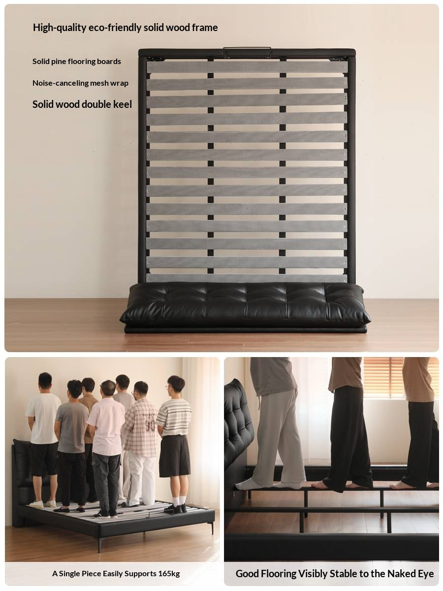 Genuine Leather Upholstered Double Bed in Solid Wood Frame