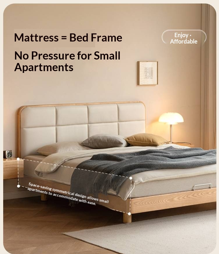 Ash Solid Wood Bed with Top Grain Cowhide Upholstery in Modern Minimalist Style