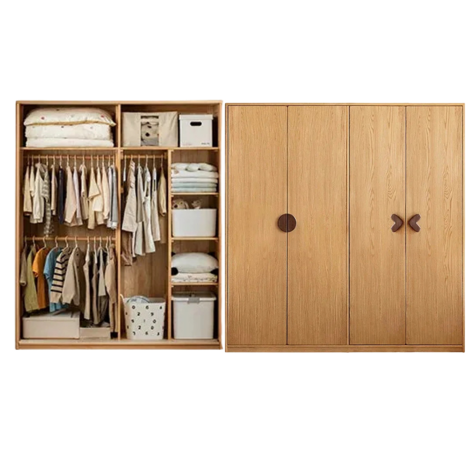 Oak Solid Wood Kids Wardrobe Armoire with Open Shelf and Drawer Combo