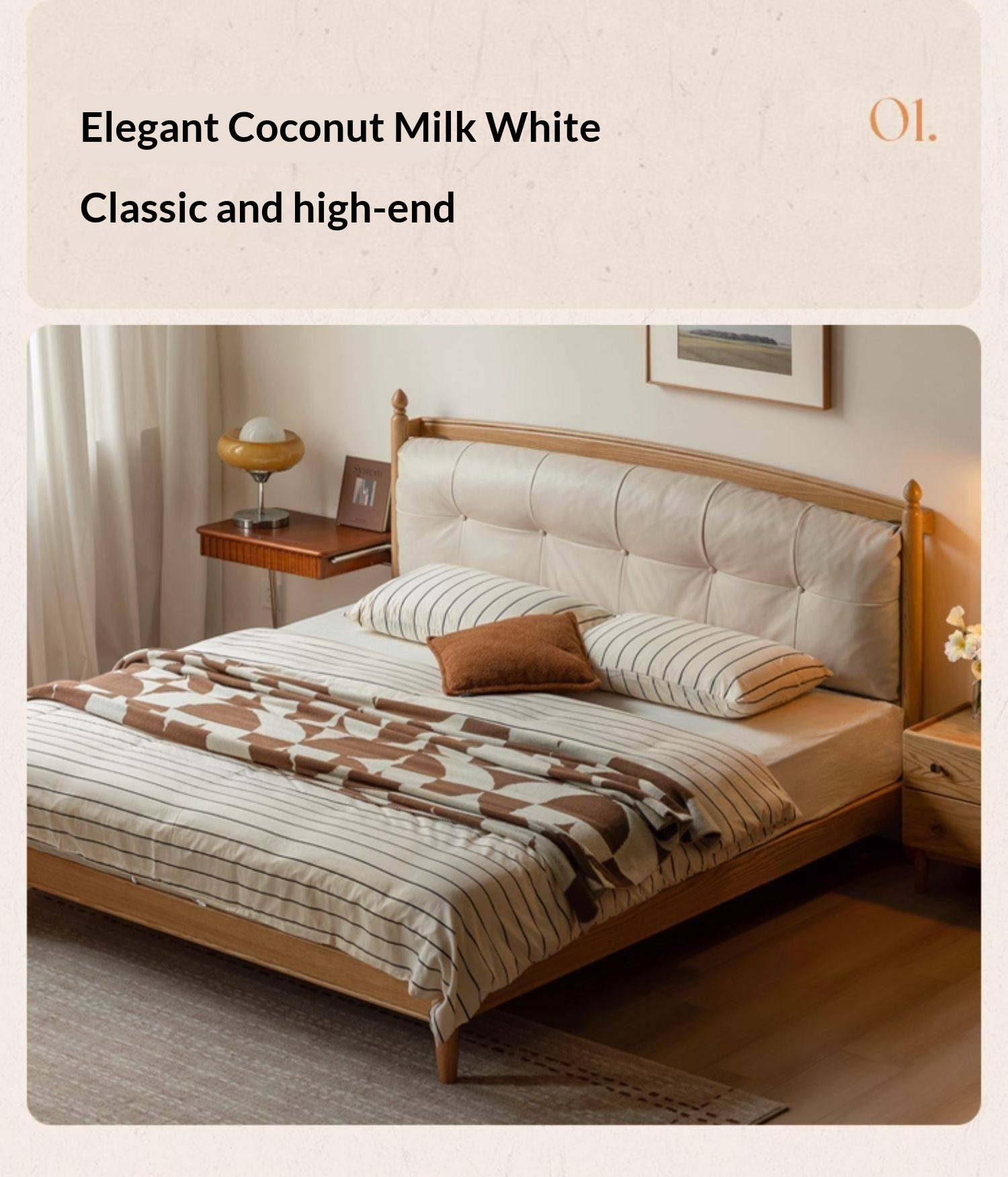 Oak Solid Wood Bed — Modern Minimalist with Genuine Leather and Soft Headboard