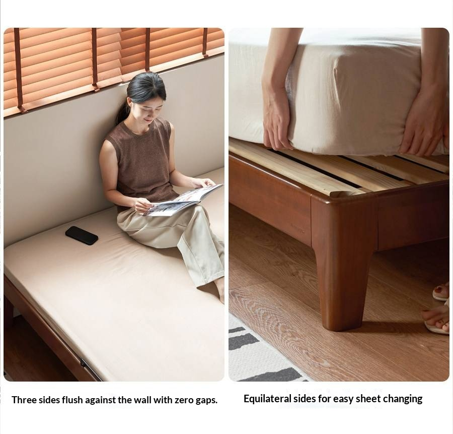 Poplar Solid Wood Bed — Vintage Style with Soft Backrest, Genuine Leather and Edge Finish