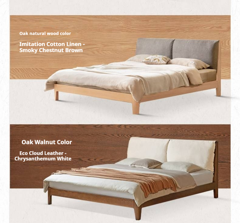 Rubberwood Solid Wood Bed — Modern Minimalist Design with Upholstered Genuine Leather