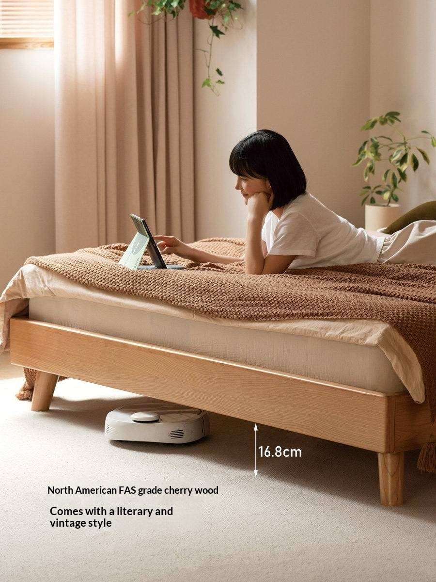 Cherry Solid Wood Bed — Retro Style with Genuine Leather Upholstery