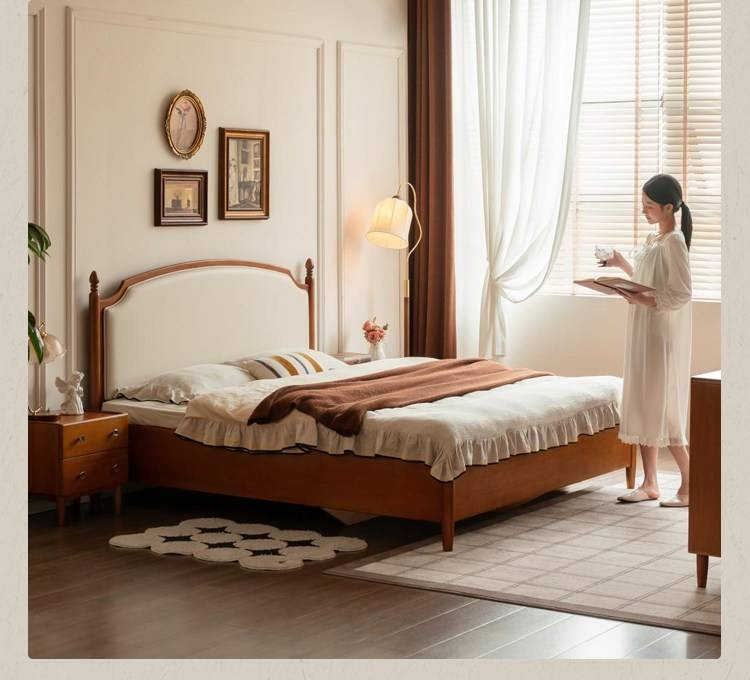 Poplar Solid Wood Box Bed — French Retro Style with Soft Backrest and Mid-Fashion Design