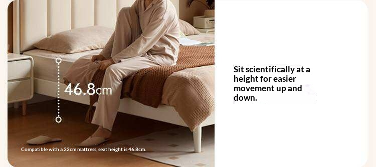 Rubberwood Solid Wood Upholstered Bed with Scalloped Headboard, French Cream Style