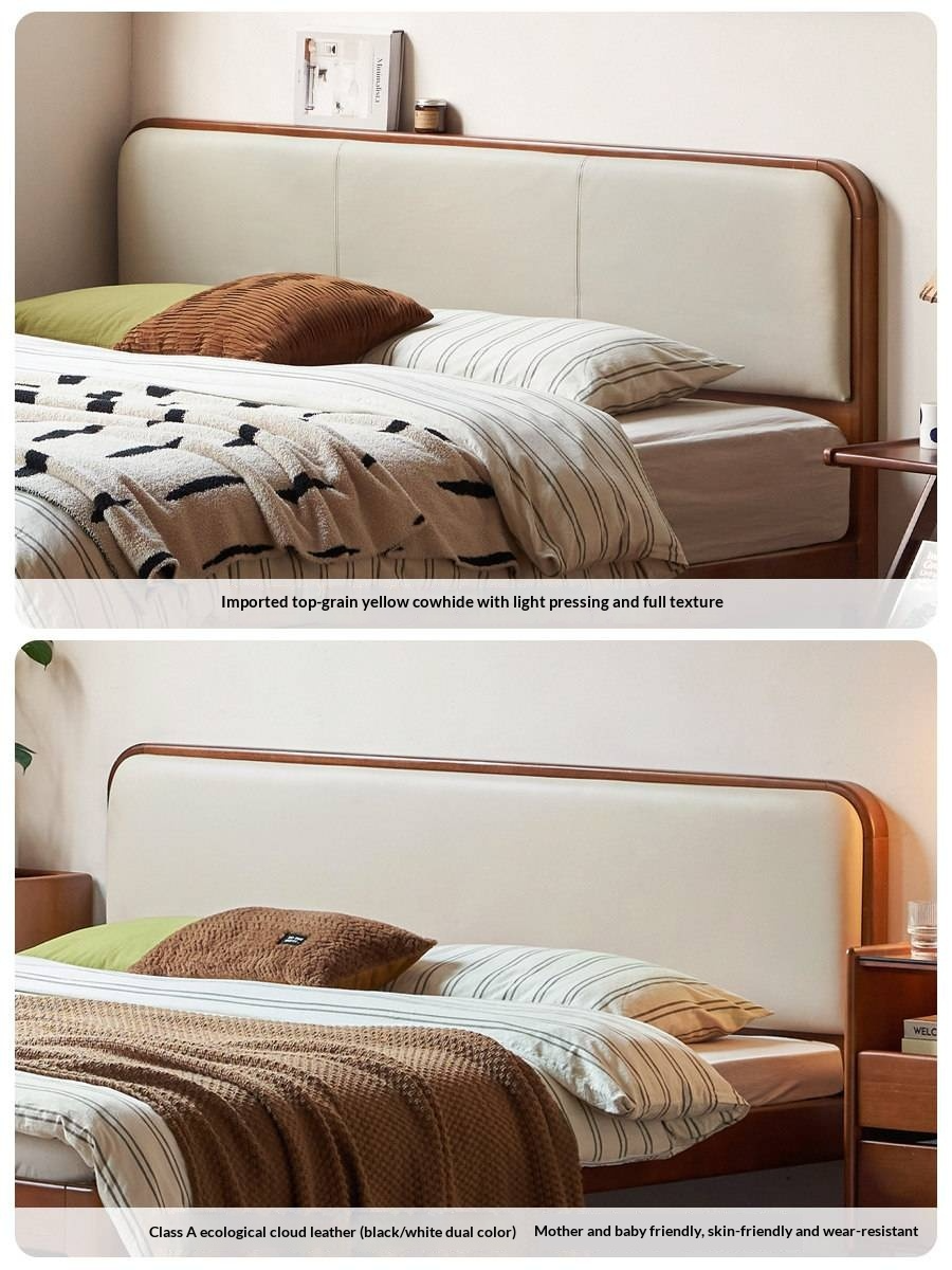 Poplar Solid Wood Bed — Vintage Style with Soft Backrest, Genuine Leather and Edge Finish