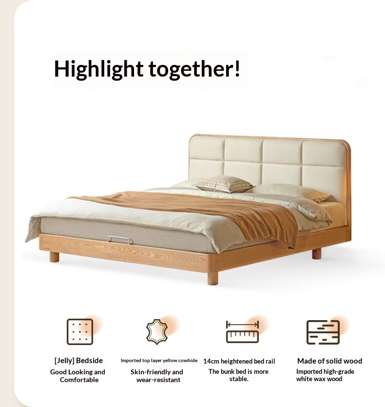 Ash Solid Wood Bed with Top Grain Cowhide Upholstery in Modern Minimalist Style