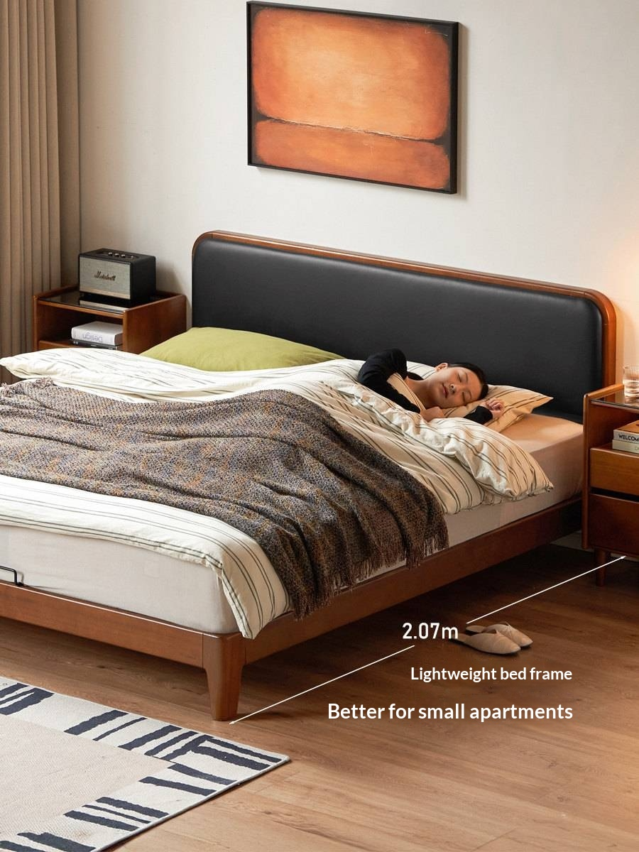 Poplar Solid Wood Bed — Vintage Style with Soft Backrest, Genuine Leather and Edge Finish