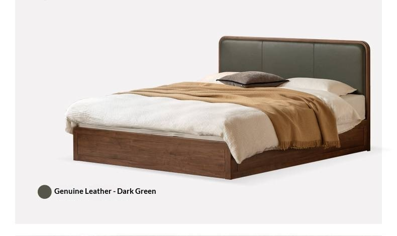 Black Walnut Solid Wood Box Bed — Soft Headboard, Italian Light Luxury Genuine Leather Bed