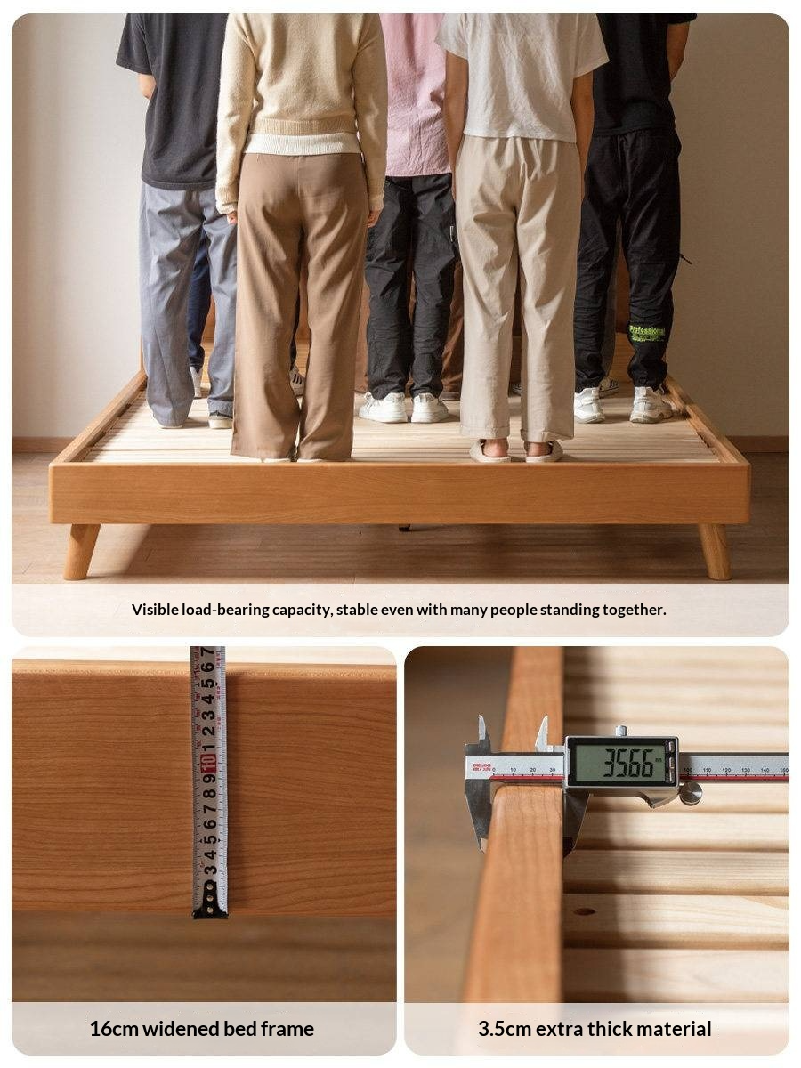 Cherry Solid Wood Bed — Retro Style with Genuine Leather Upholstery