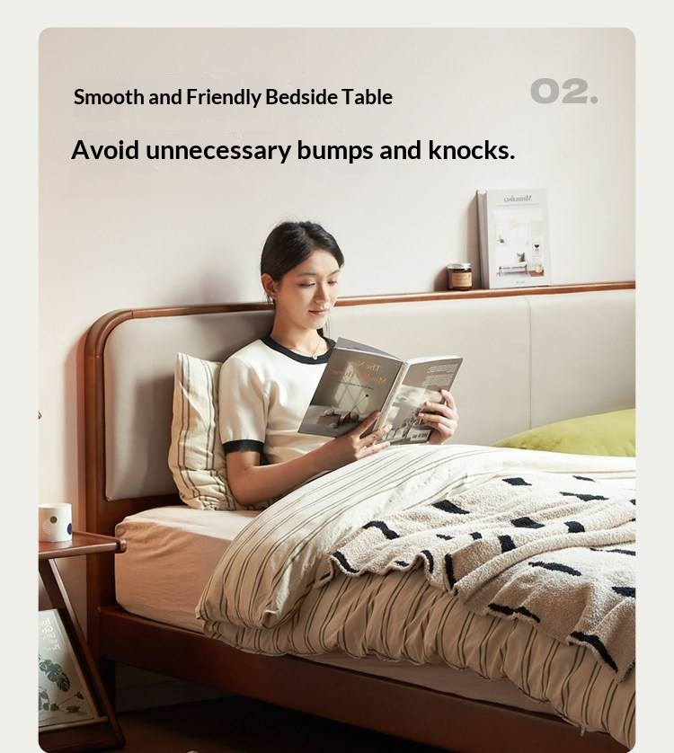 Poplar Solid Wood Bed — Vintage Style with Soft Backrest, Genuine Leather and Edge Finish