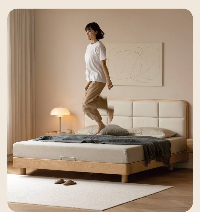 Ash Solid Wood Bed with Top Grain Cowhide Upholstery in Modern Minimalist Style