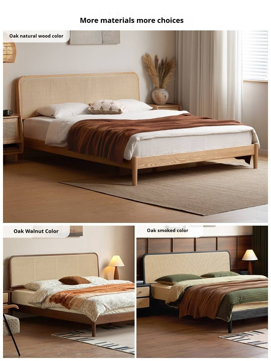 Oak Solid Wood Bed — Black Slab Rattan Vintage Style Bed