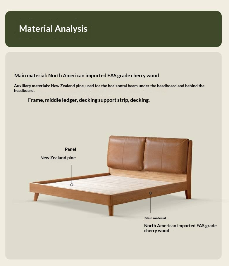Cherry Solid Wood Bed — Retro Style with Genuine Leather Upholstery