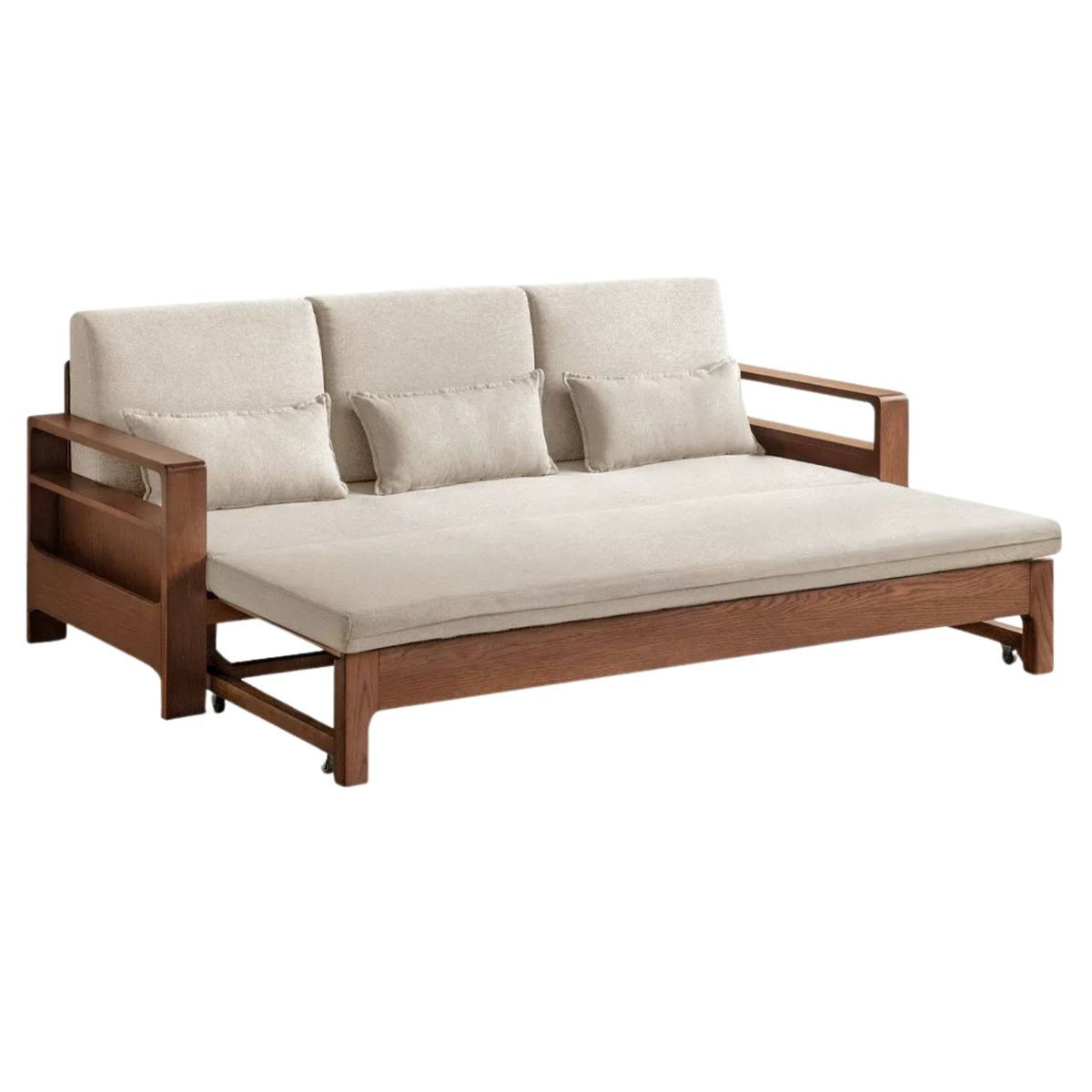 Oak, Beech Sofa Bed with Wood Frame and Side Storage Pocket