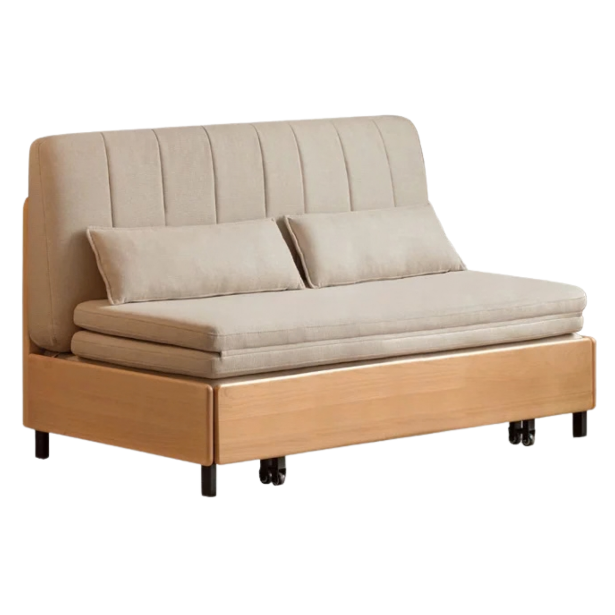 Beech, Birch Solid Wood Channeled Sofa Bed with Three-Fold Pull-Out Mechanism and Metal Legs