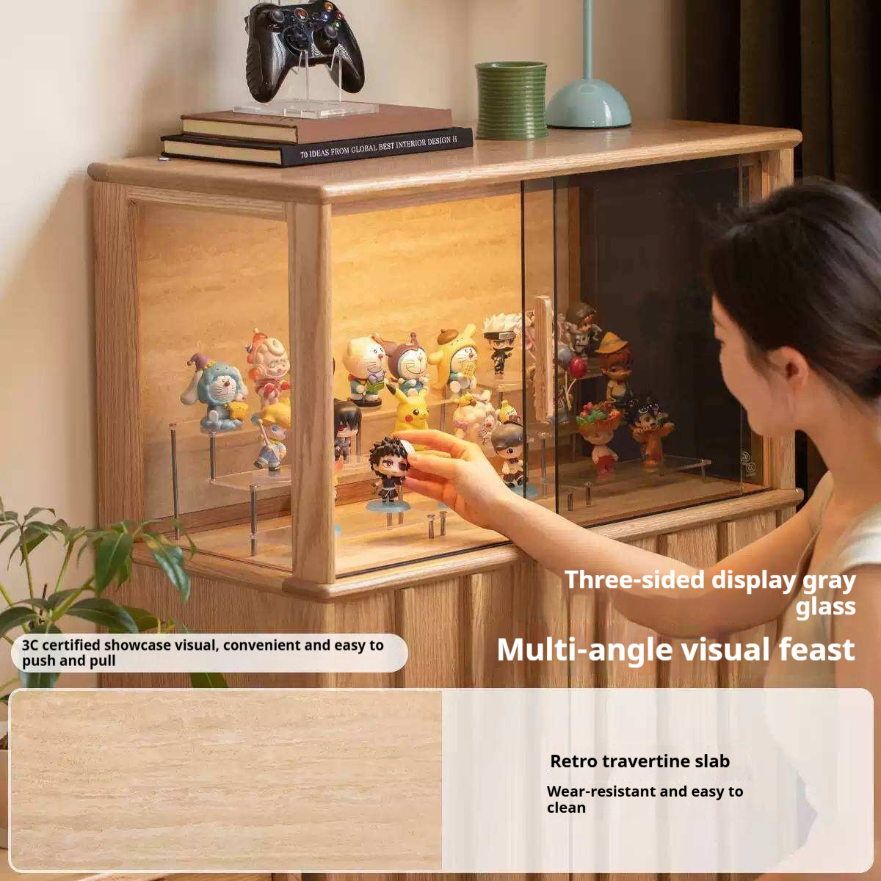 Oak Solid Wood Lighted Display Cabinet with Glass Door and Fluted Wood Panels