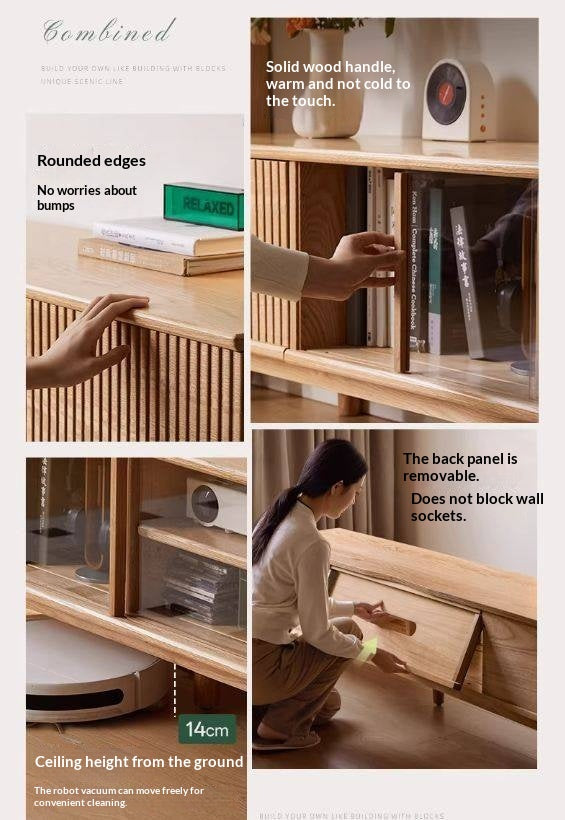 Oak Solid Wood Wall-Mounted TV Stand with Modern Minimalist Storage.