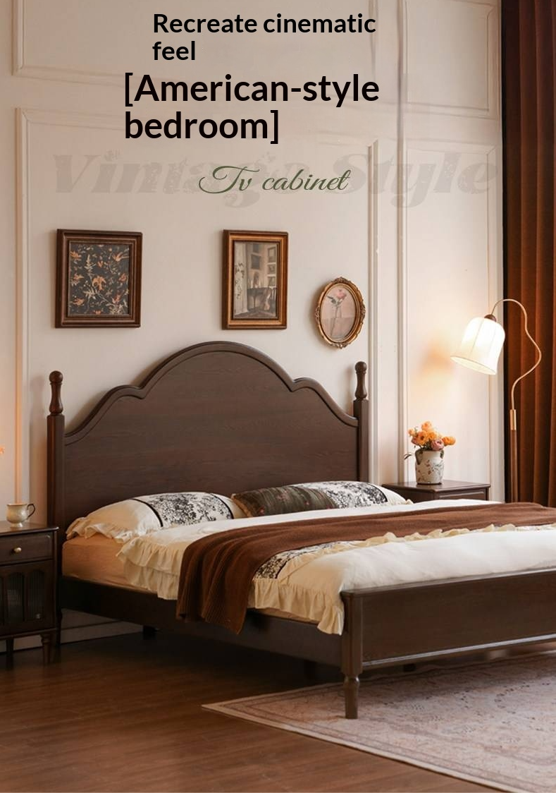 Ash Solid Wood Bed — American Retro Style