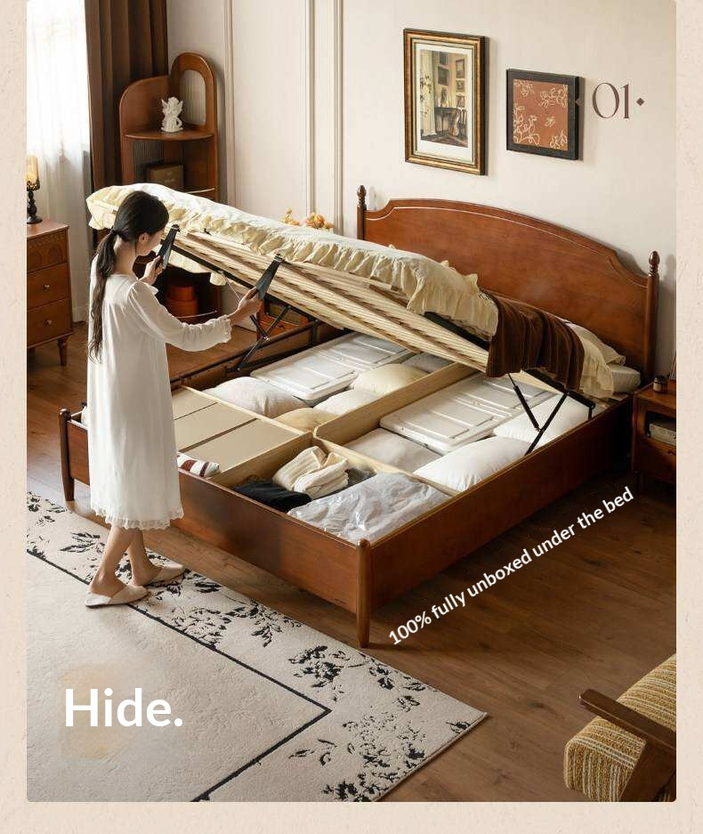 Poplar Solid Wood French Country Arched Panel Bed with Storage Base Box Bed