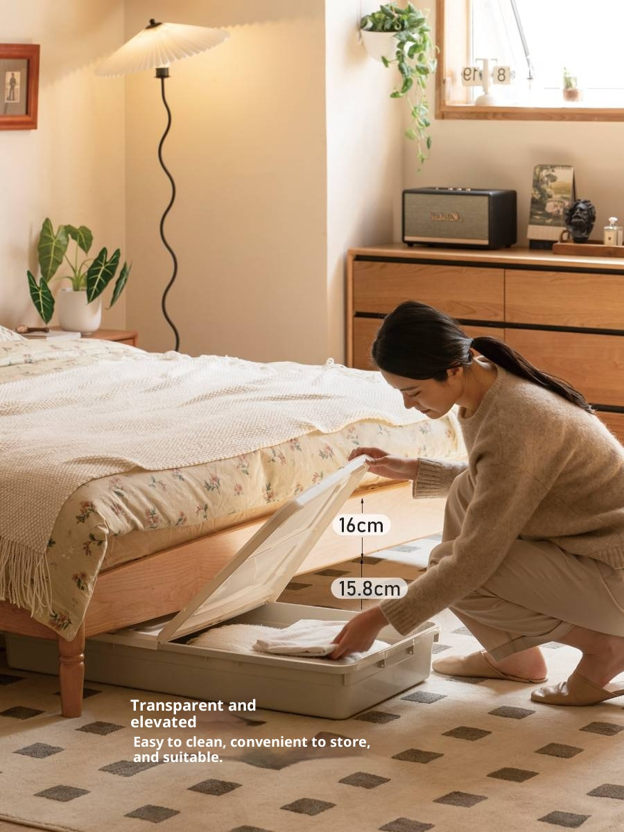 Cherry Solid Wood Rattan Bed Retro