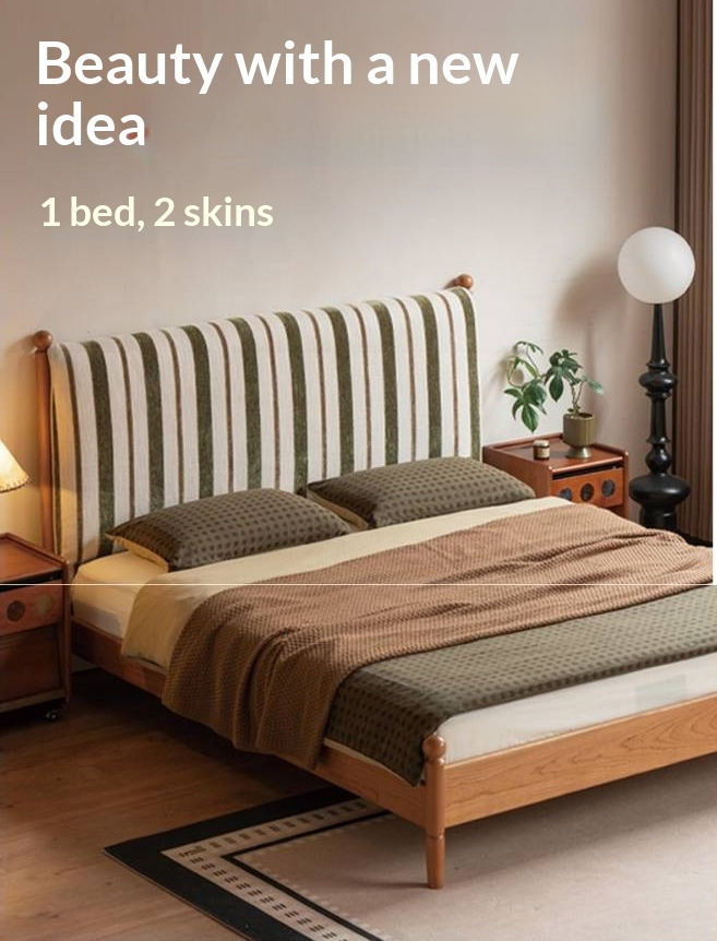 Cherry Solid Wood Fabric Upholstered Bed