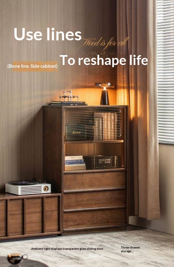 Sandalwood Solid Wood Tall Side Cabinet with Louvered Sliding Door and LED Lighting