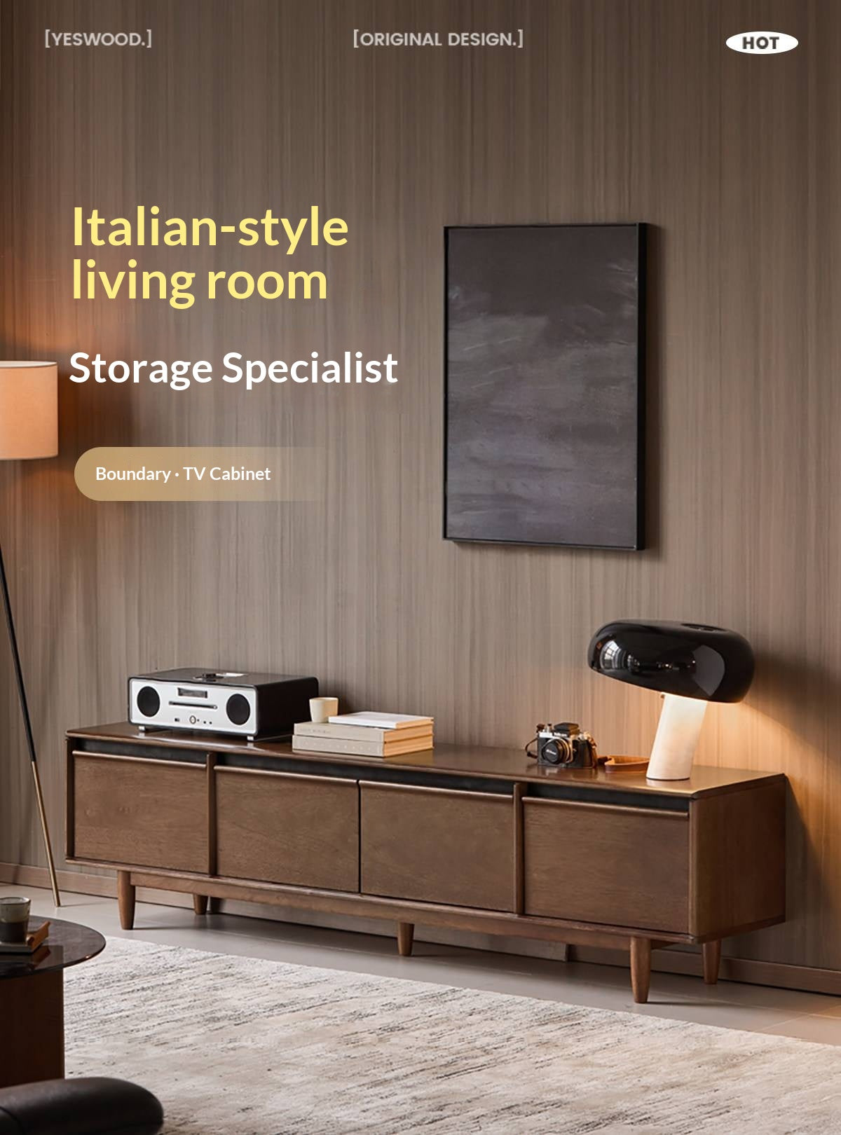 Sandalwood Solid Wood Italian Minimalist TV Console with Tapered Legs