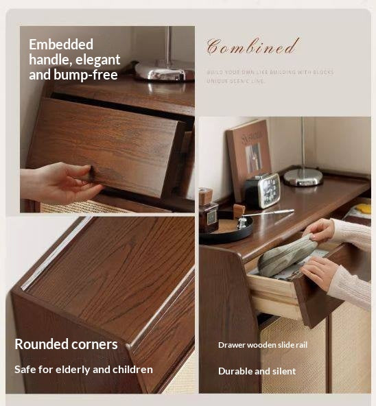 Oak Solid Wood Shoe Cabinet with Rattan Storage