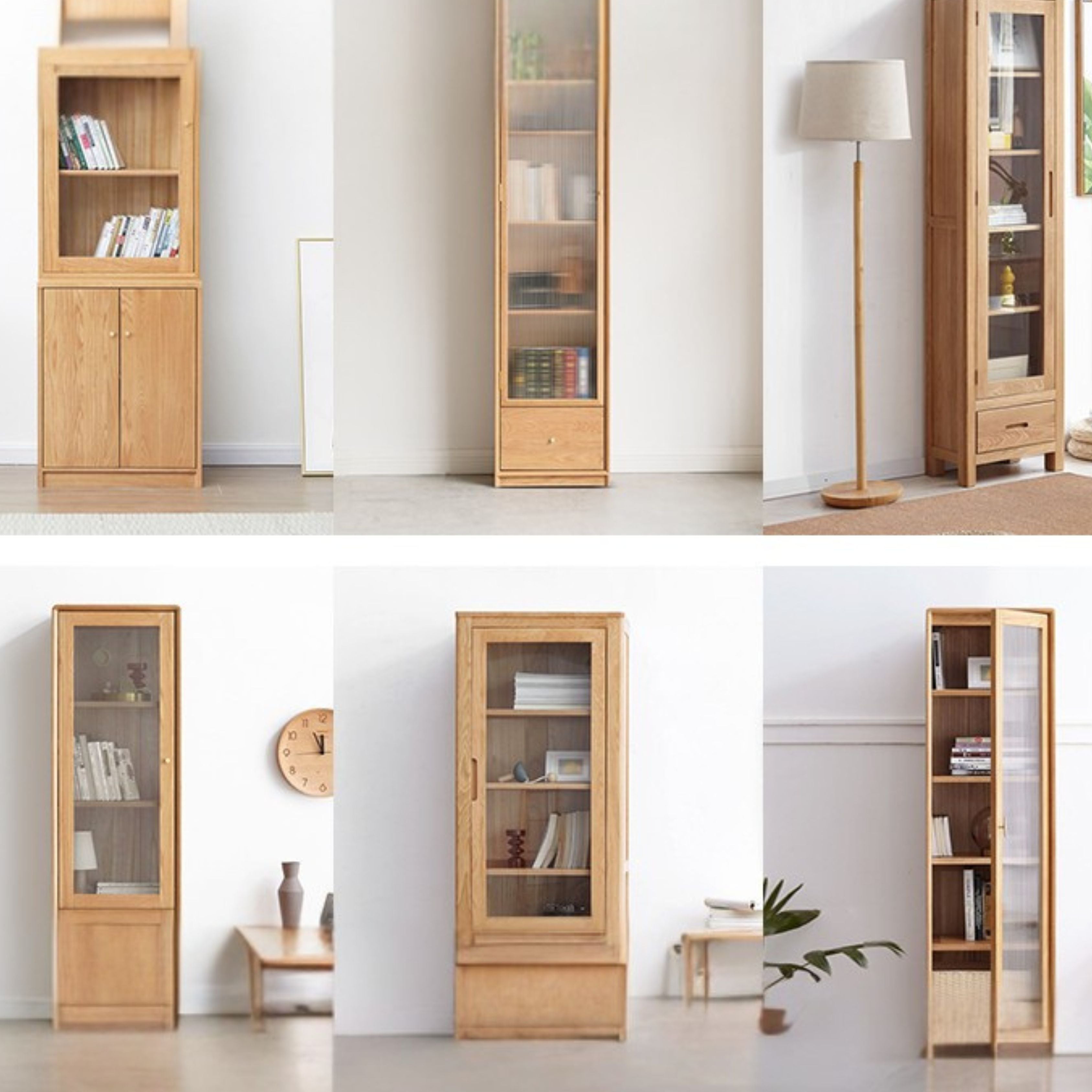 Oak Solid Wood Narrow Bookcase With Doors