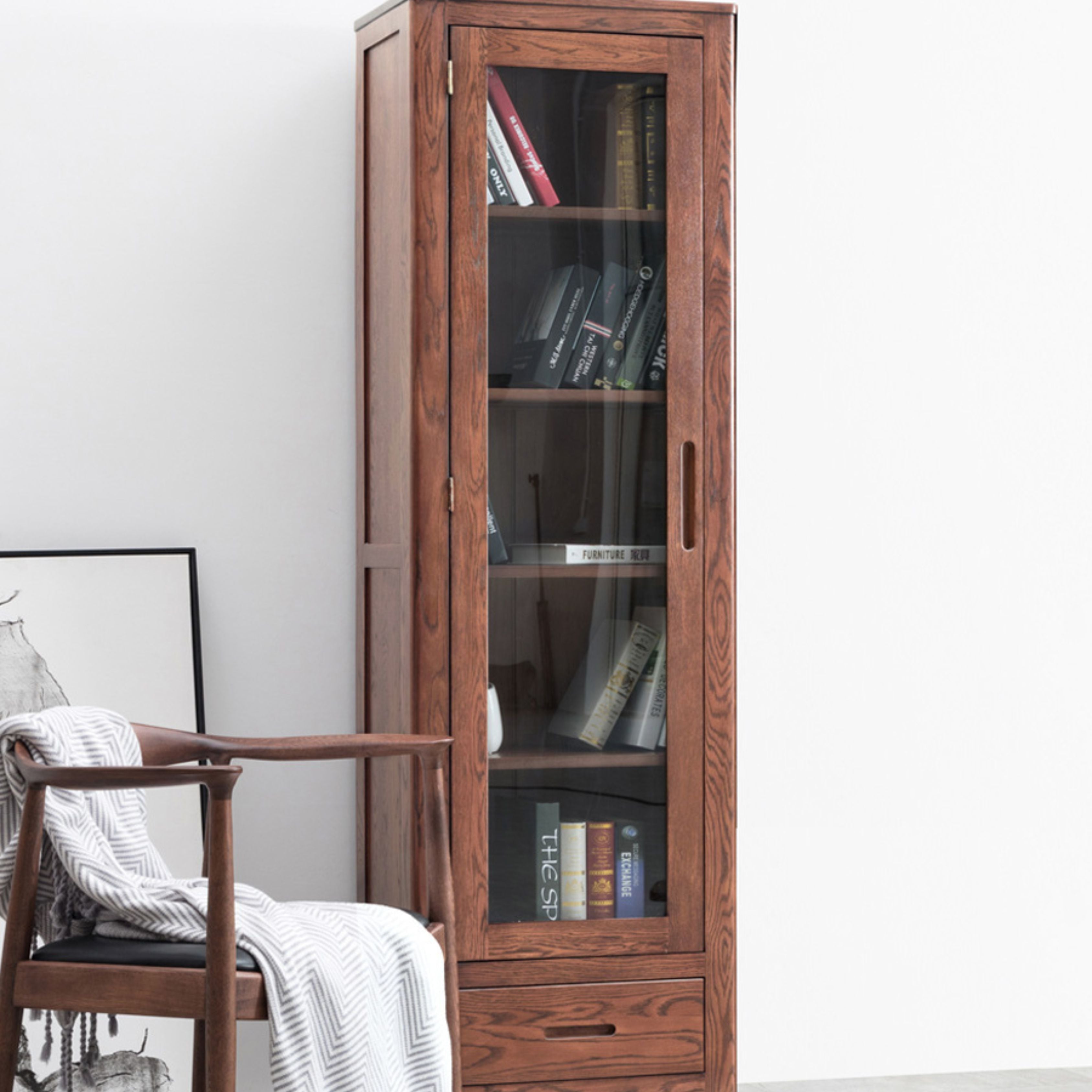 Oak Solid Wood Nordic Bookcase with Glass Door