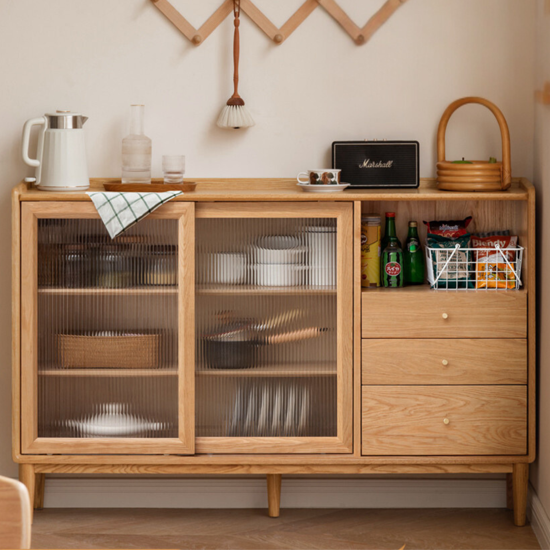 Oak, Ash, Black Walnut, Cherry Solid Wood Ultra-thin Sideboard Sliding Door